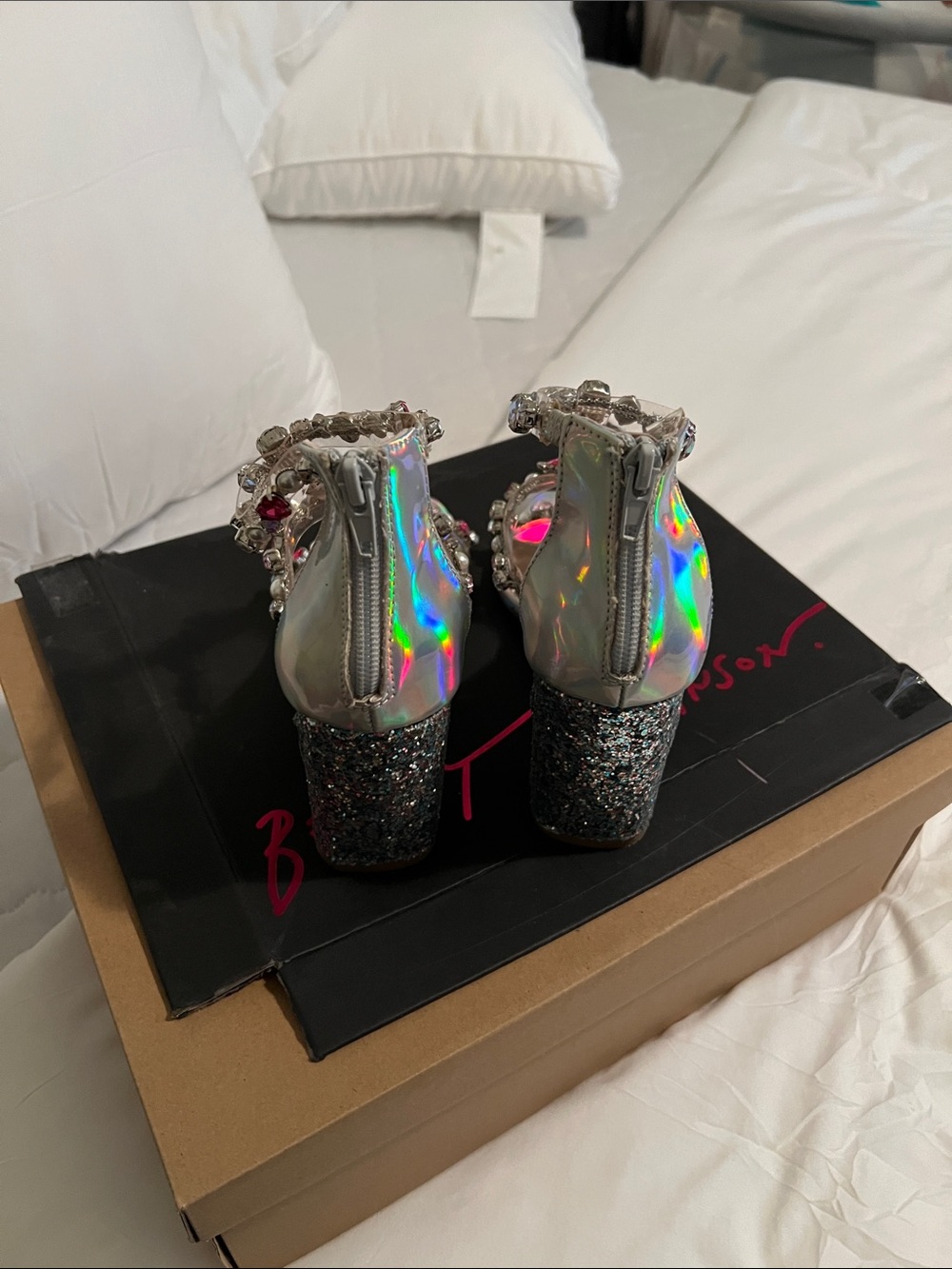 Betsey Johnson Iridescent Jeweled Heels with Pink Heart Accents - Picture 5 of 5